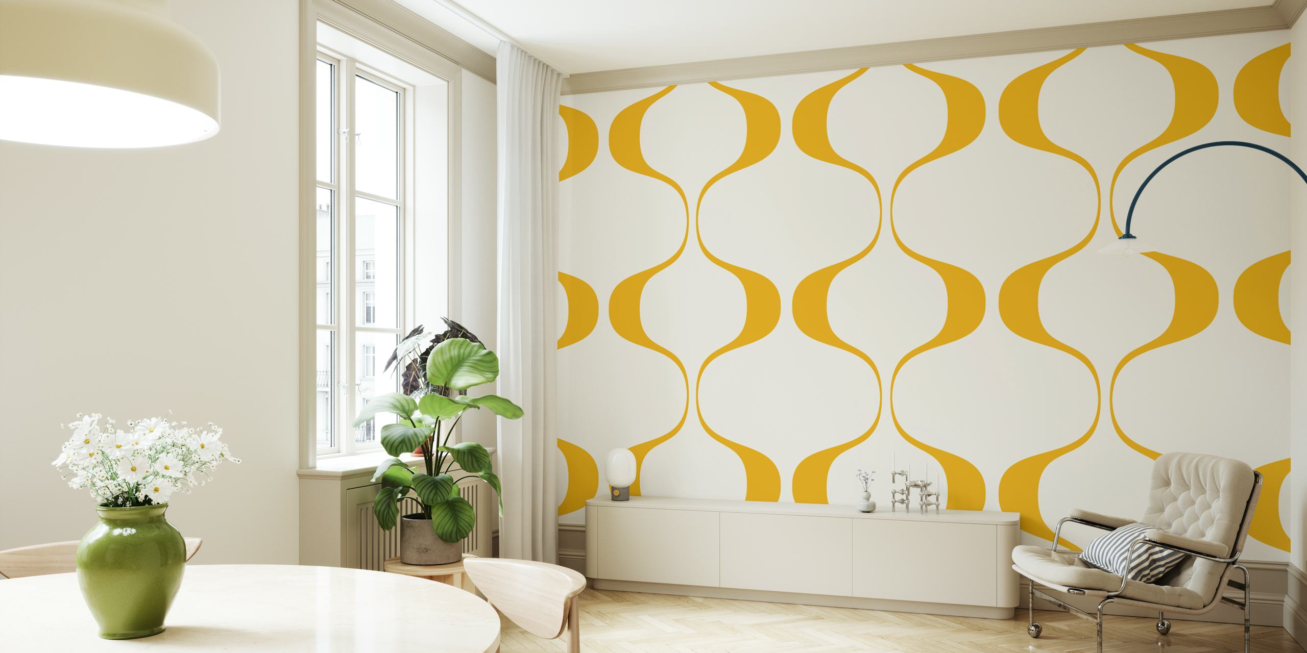 Carta da parati con motivo a onde geometriche astratte giallo e bianco